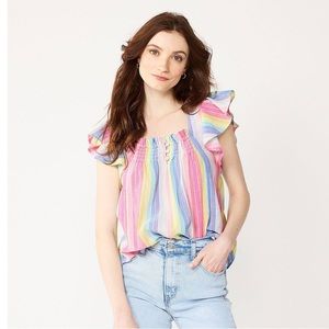 Draper James RSVP Rainbow Striped Flutter Short Sleeve Smocked Top Size XXL